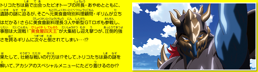 トリコたちは島で出会ったビオトープの所長・あやめとともに、遺跡の謎に迫るが、そこへ元美食會特別料理顧問・ギリムが立ちはだかる！さらに美食會副料理長３人や新型ＧＴロボも参戦し、事態は大混戦！“美食屋四天王”が大集結し迎え撃つが、圧倒的強さを誇るギリムに次々と倒されてしまい･･･!?果たして、壮絶な戦いの行方は!?そして、トリコたちは島の謎を解いて、アカシアのスペシャルメニューにたどり着けるのか!?